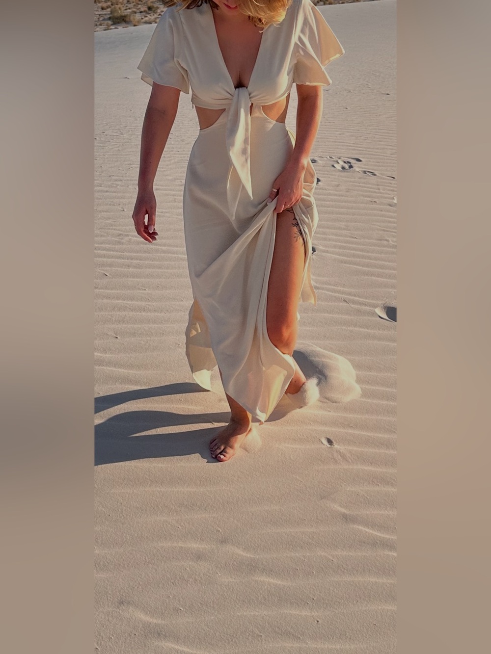 SHEIN Cream Tie-Front High-Slit Dress